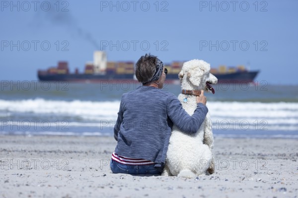 Woman sits together with her dog, a white poodle, amicably familiar on the beach in the sunshine,