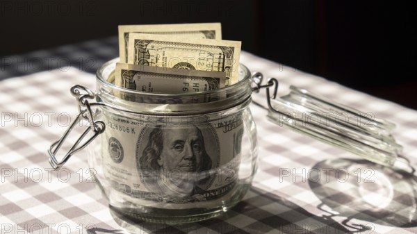Dollar banknote saving money in glass jar. Consumption and economy Collecting money. Tips.