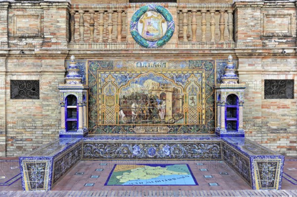 Plaza de España in Seville, Seville, Andalusia, Spain, Europe, Ceramic mural with historical scenes