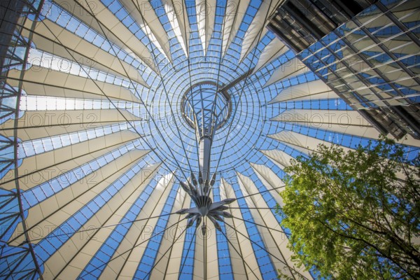 Berlin, Germany, June 2022: Low angle view on the dome of the Sony Center at Potsdamer Platz in