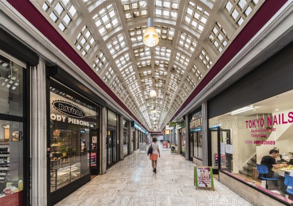 Brussels Old Town, Belgium, 07 18 2019- Interior arcades of the Galerie du centre, a vintage