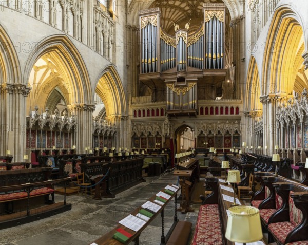 Wells, United Kingdom, 1 September, 2022: view of the Choir and the church organ inside the