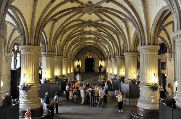 City Hall, Hanseatic City of Hamburg, Historic interior with vaulted ceiling and columns, populated