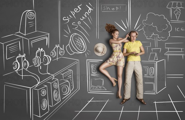 Love story concept of a romantic couple against chalk drawings background. Male listening to the