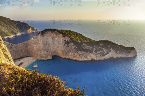 The magical island of Zakynthos on the Mediterranean. The cove with a small sandy beach. The sky