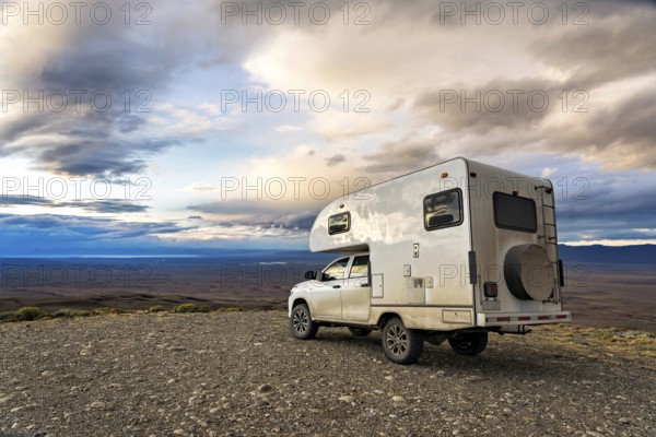 A pickup camper near Los Glaciares National Park in Patagonia, El Calafate, Santa Cruz, Argentina,
