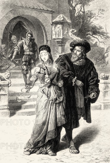 Gretchen, Faust and Mephistopheles, first part of the tragic play Faust by Johann Wolfgang von