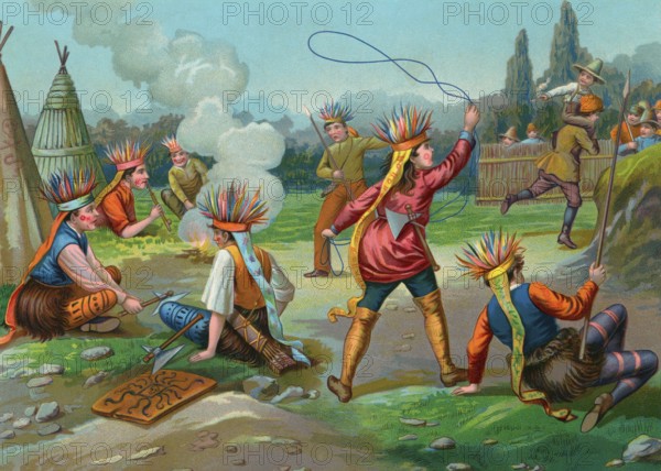 Old illustration. On this British 19th century illustration children are playing outdoors. A happy