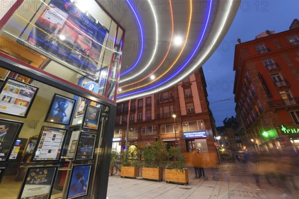 The Vox cinema in Strasbourg illuminated at night. Bas-Rhin, Alsace, Grand Est, France, Europe