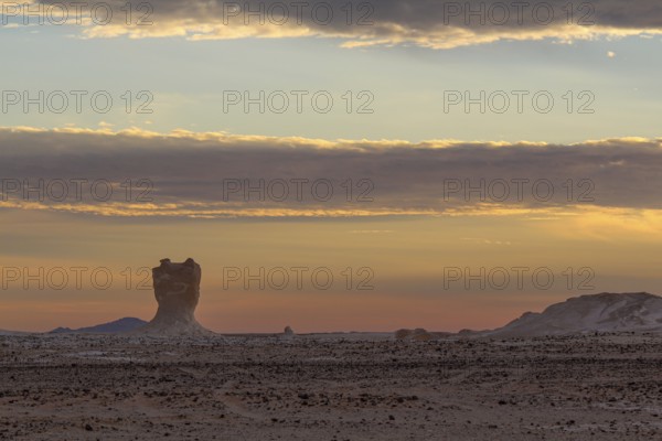 Sunset in the Libyan desert, white desert, limestone formations in the front, Farafra, Egypt,