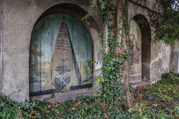 Painted wooden panels, gravestones, cemetery wall of the Waasenkirche, Leoben, Styria, Austria,