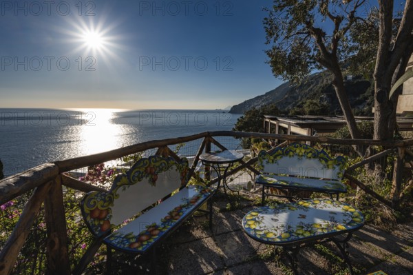 Amalfi Coast in Positano, Italy during sunny day. View of Positano with blue sea on Amalfi Coast in