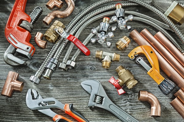 Plumbing concept big set of piping accessories monkey and plumb adjustable wrenches copper brass
