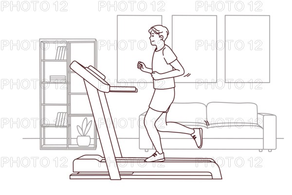 Young sportive man in sportswear running on racetrack at home. Toned motivated male do sports