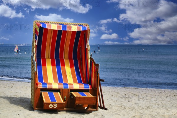 Beach chairs on Timmendorfer Strand on the Baltic sea with blue sky