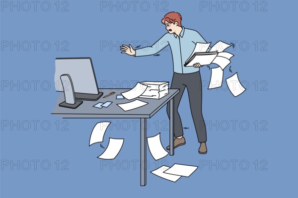 Clumsy employee collect scattered paperwork in office. Awkward tired male worker manage paper