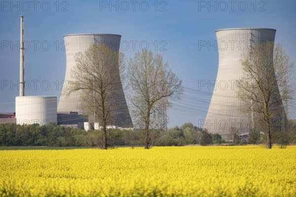 The two large cooling towers of the former Gundremmingen nuclear power plant, in the foreground a