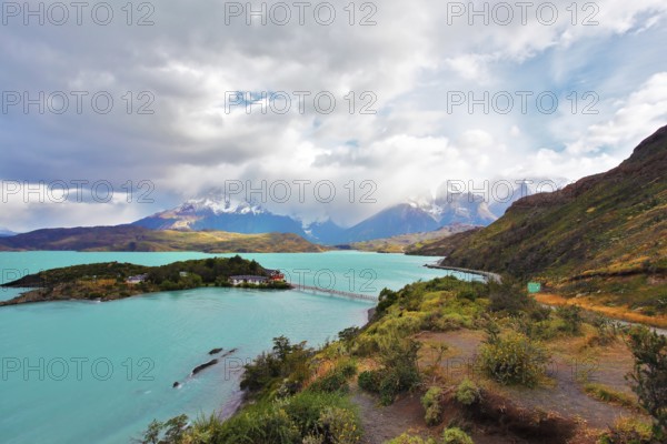 Beautiful Patagonia. Snow-capped mountains and emerald lake. Park Torres del Paine in southern