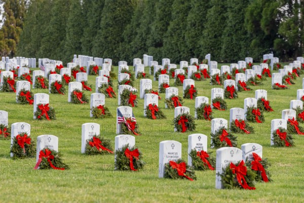 Atop a hill, a veterans cemetery with white headstones and the American flag evokes deep honour,