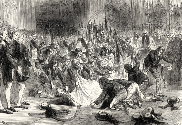 Horatio Nelson's funeral at St Paul's Cathedral on 9 January 1805, sailors tearing his flag apart