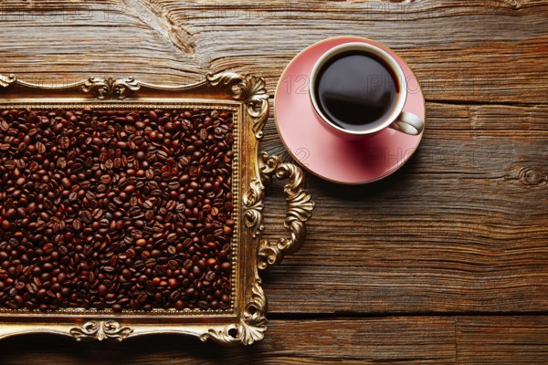 Coffee cup and beans on vintage golden tray in wooden old table