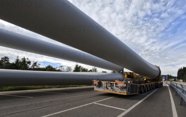 Ready to go, the 68-metre-long rotor blade is attached to the 138-tonne self-propelled transporter