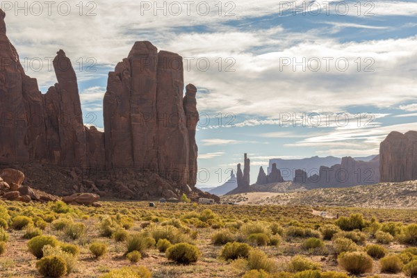 Scenic view of Totem Poles rock formation in the Monument Valley, USA, North America