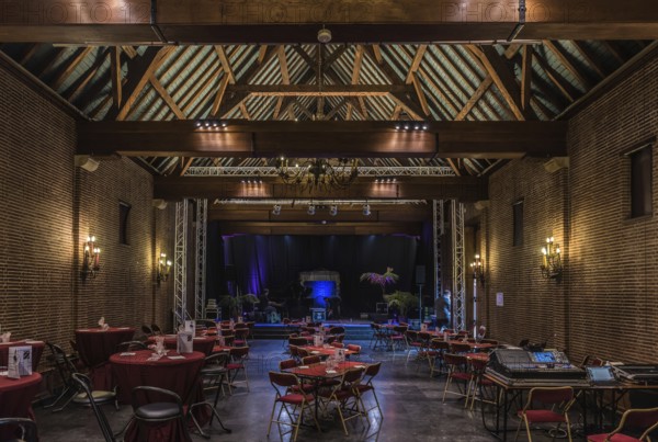 Belgium, 02 16 2019: Interior of the main event room of the old Karreveld farm with decorated