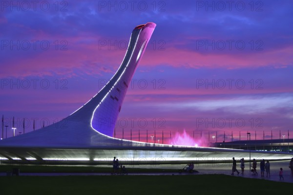 Sochi, Russia, May 29. 2018. Bowl of the Olympic flame Firebird and singing Fountain in the Olympic