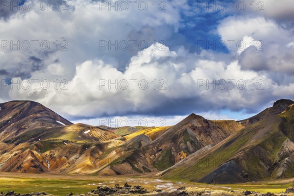 Travel to Iceland in the summer. National Park Landmannalaugar. Multicolored rhyolite mountains of