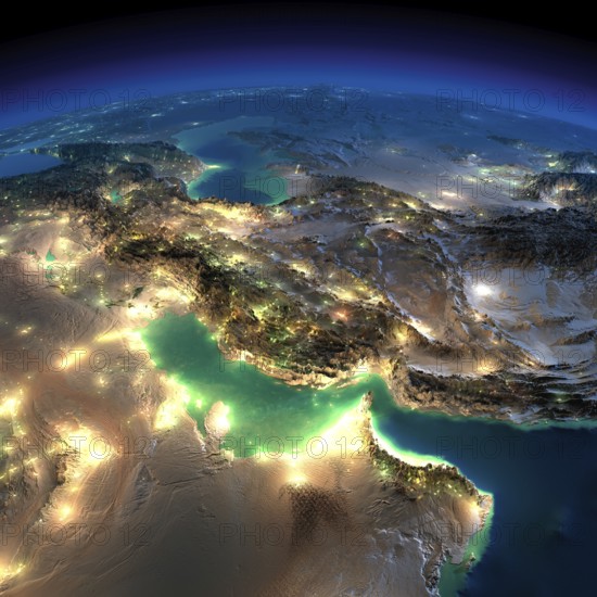 Highly detailed Earth, illuminated by moonlight. The glow of cities sheds light on the detailed