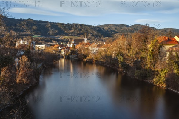 View of the historic city centre, old town of Leoben at the river Mur, Schwammerlturm and church St