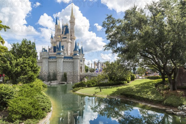 Orlando, Florida – Sept 4: The famous Disney Magic Kingdom Castle and its mirror reflection on the