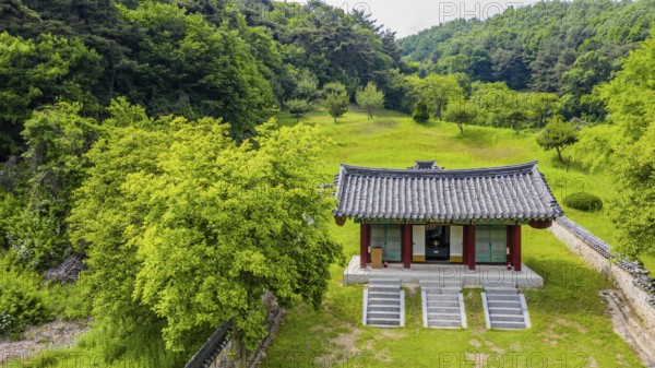 Cheongju, South Korea, May 31, 2020: Aerial view of shrine honoring independence activist,