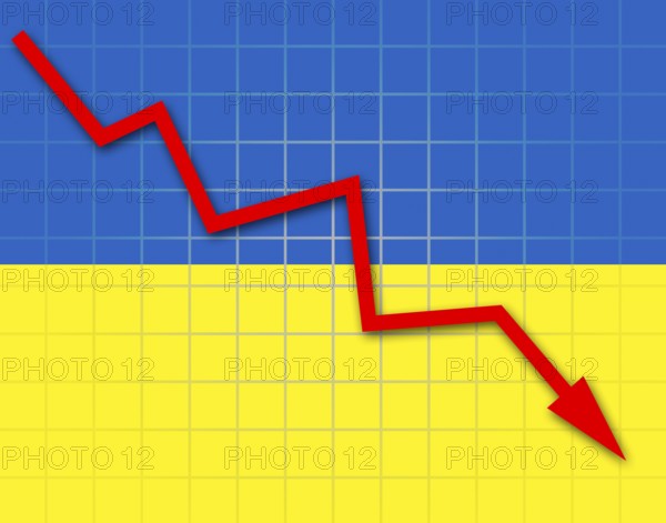 The Ukrainian flag and arrow graph going down