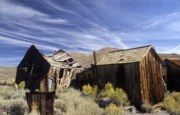 Windswept wooden houses in Bodie, collapsed by the weight of snow in winter. Colour photo,