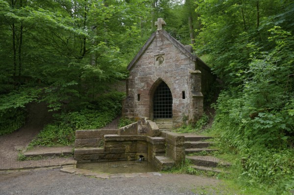 Historic Köpferbrunnen fountain in the Köpfer Valley nature reserve, water fountain, fountain,