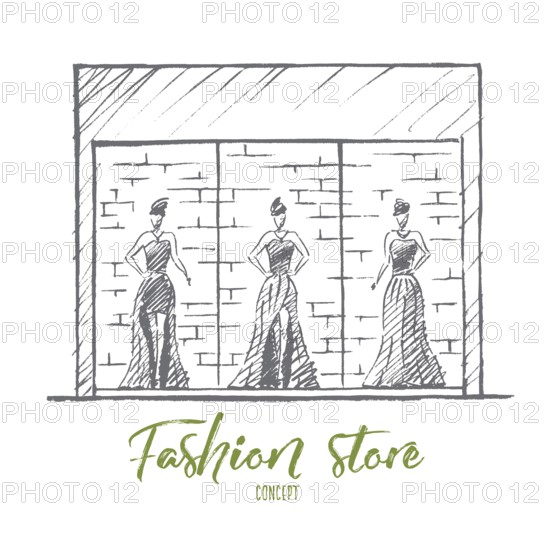 Vector hand drawn Fashion store concept sketch. Stylish female mannequins in gorgeous evening