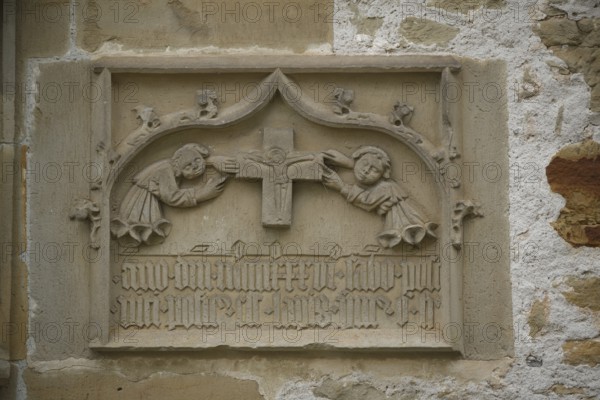 Historical inscription on the exterior façade of St Mary's Church, pilgrimage church, pilgrimage,