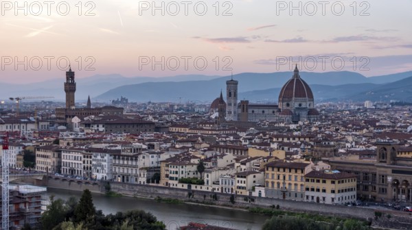 Skyline of downtown Florence during sunset, seen from the famous Piazzale Michelangelo, Italy,