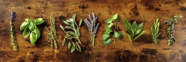 Fresh aromatic herbs, overhead flat lay panorama on a rustic wooden background. Bunches of