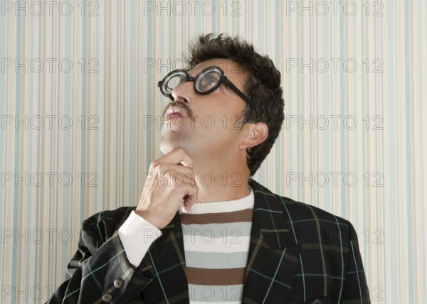Nerd silly crazy myopic glasses man funny gesture mustache tacky retro