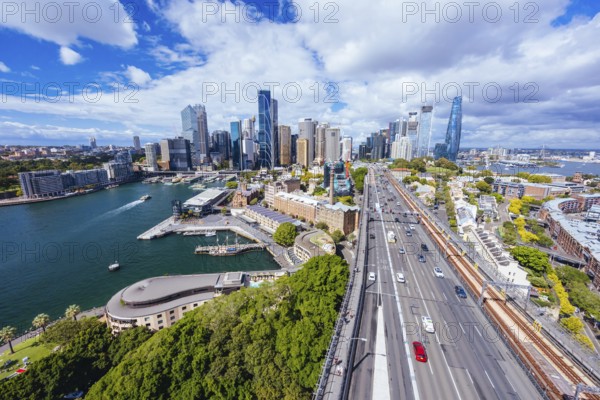SYDNEY, AUSTRALIA, MARCH 4 2023: The Sydney CBD and surrounding harbour, including Circular Quay