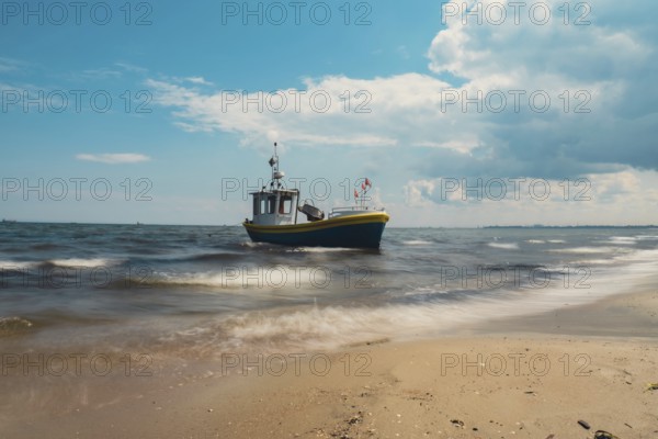 Fishing boat on the beach in Sopot, Poland. Magnificent long exposure calm Baltic Sea. Wallpaper