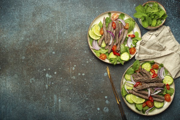 Two plates with traditional Thai beef salad with vegetables and mint top view served on rustic