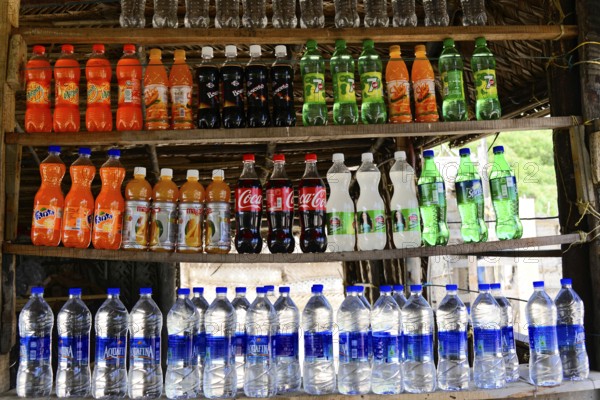 Kovalam, Malabar Coast, Malabar, Kerala, South India, Various beverage bottles neatly arranged on a
