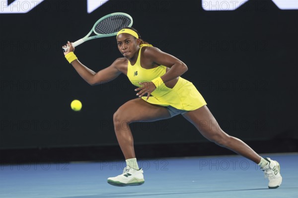 American tennis player Coco Gauff (USA) playing a forehand shot at the Australian Open 2025