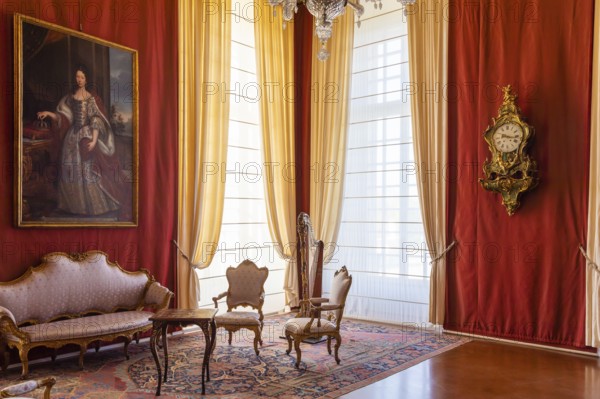 Venaria Reale, Italy, February 2023: luxury interior, old Royal Palace. Perspective with harp,