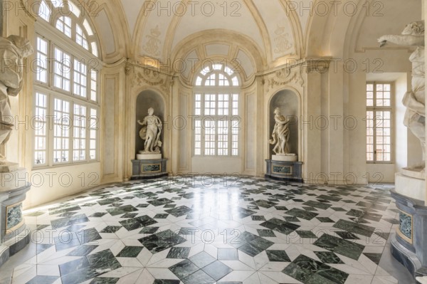 Venaria Reale, Italy, January 2023: luxury interior old royal palace. Gallery perspective with