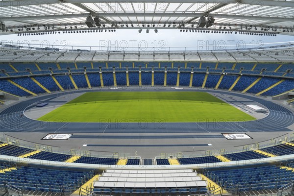 CHORZOW, POLAND - MAY 9, 2018: Tribune and pitch at Silesian Stadium multifunctional arena adapted
